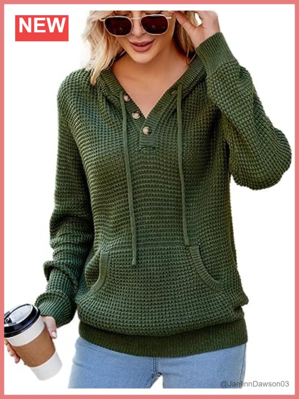 Waffle Knit Hooded Pullover Sweater with Pocket V Neck Henley